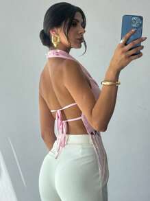 Firerie Women's V Neck Sequin Embroidered Textured Tassel Top Elegant Vacation Sequin Fringe Cami Top For Woman Vacation, Spring/Summer Wear, Festival/Party/Homecoming/Music Festival All-Match Summer Wedding Guest Female/Beachwear, Commute, Elegant, Sexy, Vacation, Beach, Bohemian, Hawaii, Music Festival, Romantic, Date - Mocha Brown - View 3