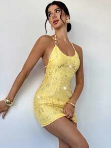 Firerie 女士性感露背挂脖亮片紧身迷你连衣裙，金属装饰，适合派对、音乐节、约会、度假，梅紫色 - 黃色 - 查看 6