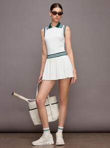 Activina 女式条纹领褶下摆无袖运动连衣裙 - 白色 - 查看 4