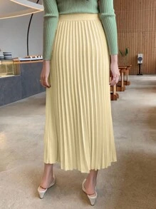 DAZY Chân váy xếp ly chữ A màu trơn dành cho nữ, thanh lịch cho mùa xuân/hè, thu, đông. - Màu Mù tạt vàng - Xem 2