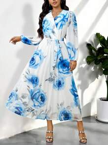 Modelyn Đầm tay đèn lồng họa tiết hoa cỡ lớn cho nữ đi nghỉ mát thanh lịch - Nhiều màu - Xem 7