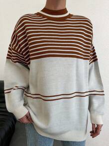 EURMUSE Kleurblok Gestreept patroon Oversized Truien - Bruin - Bekijken 5