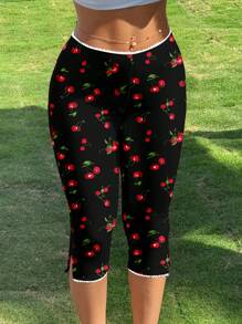 SHEIN EZwear 女士夏季针织黑色底樱桃可爱印花弹力3/4打底裤，适合搭配，街头穿着，机场，返校季节适合外出 - 彩色 - 查看 5