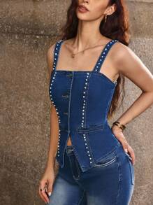SHEIN Frenchy Pearl Studded Women's Denim Camisole Top - Dark Wash - View 3