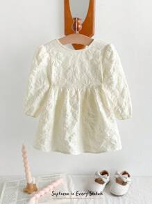 Cozy Pixies Đầm tay đèn lồng họa tiết hoa jacquard trang trí nơ cho bé gái dễ thương - Màu be - Xem 4