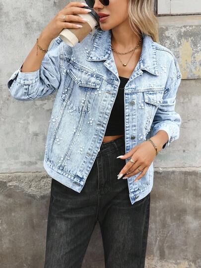 EMERY ROSE Women's Long Sleeve Faux Pearl Decor Single-Breasted Casual Denim Jacket