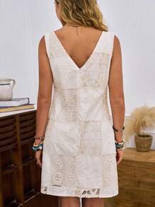 LanaWest Women's Elegant Apricot Hollow Out Embroidered Design Textured Fabric Fitted Casual/Holiday Mini Dress, Sleeveless Round Neck - Apricot - View 2