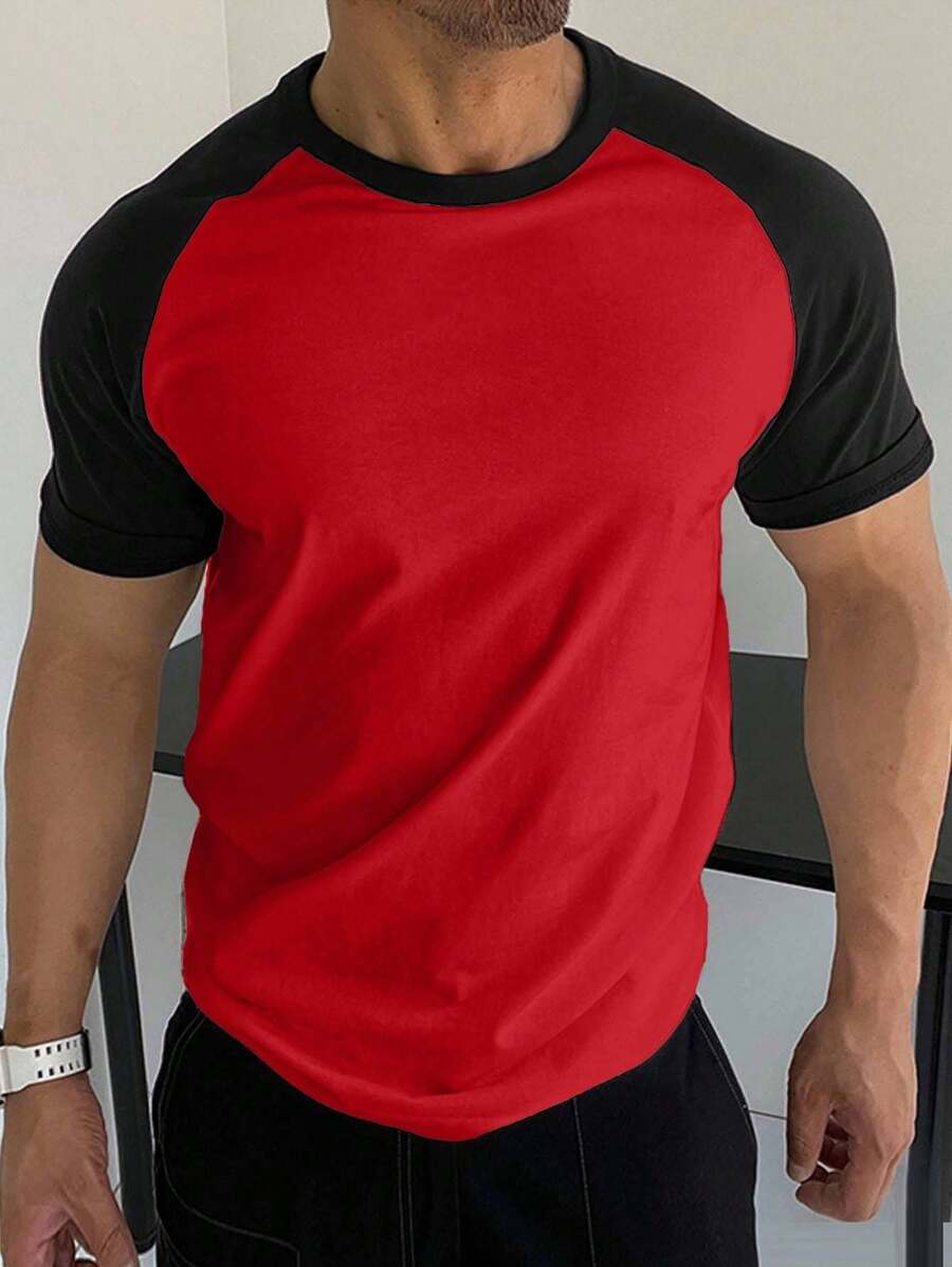 EURMUSE Camiseta de manga raglán con bloques de color 100% algodón para hombre - Rojo - Ver 1