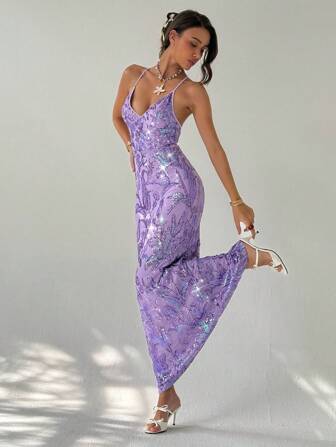 Aloruh Vestido de verano con escote halter, espalda descubierta y bordado de lentejuelas para mujer