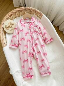 SHEIN Newborn Baby Girl Cute Casual Knitted Pink Bow Pattern Long Sleeve Jumpsuit Fall Winter