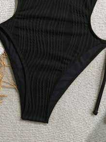 Soleia Women's Olive Green Knitted Jacquard Textured V-Neck Backless Halter One Piece Swimsuit, Suitable For Beach Black One Piece Swimsuit Black Bathing Suit Women Halter Neck Swimsuit - Black - View 3