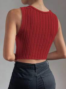 Celisse 夏季性感纯色镂空交叉裹身无袖短款针织上衣 - 紅色 - 查看 2