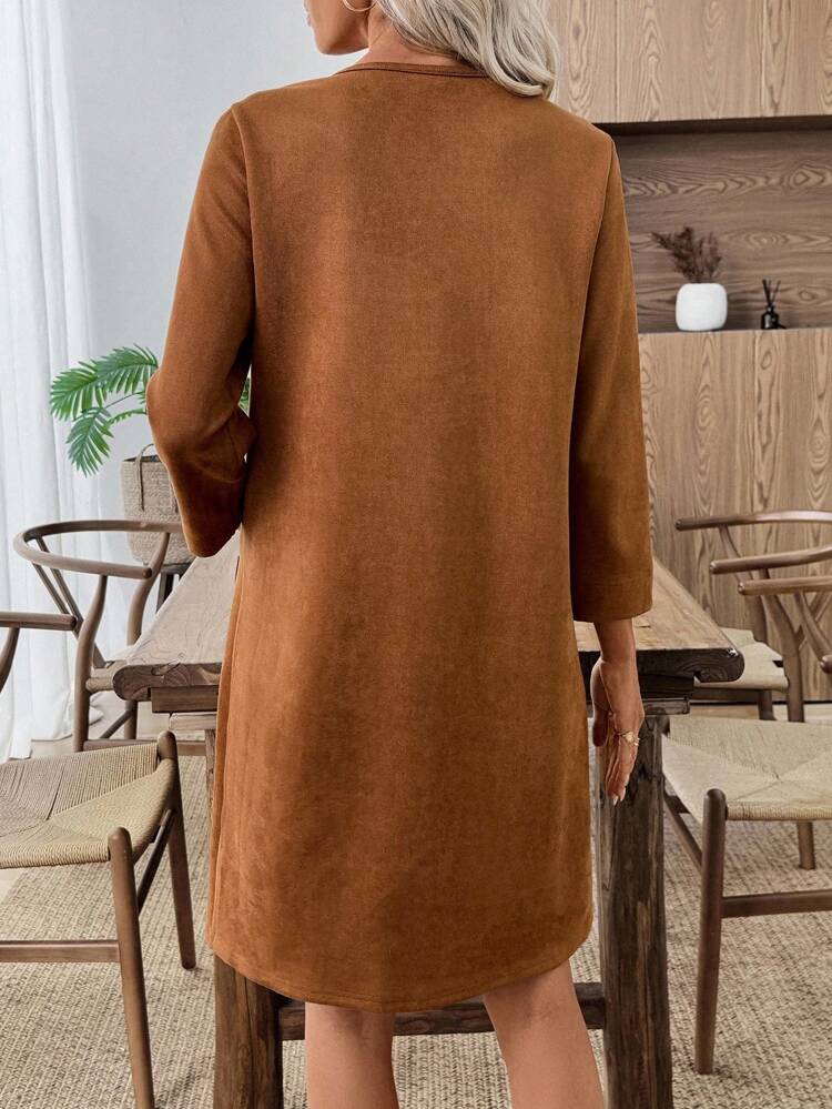 Women's Solid Color V-Neck Long Sleeve Dual Pocket Casual Loose Mini Dress Brown Dress Women Long Sleeve Dress Women Pocket Dress Rust Brown Dress Suede Dress