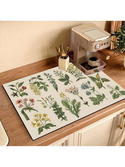 SHEIN 1 件装香草印花碗碟干燥垫、厨房台面吸水垫、浴室盥洗台滴水垫、水龙头软硅胶排水垫、马桶盥洗台杯垫、马桶防溅垫、厨房和浴室配件