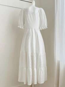 INAWLY Vestido largo de manga corta para mujer de talla grande, elegante, con bordado de ojal y decoración de botones, para verano - Beis - Ver 2