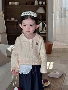 DAZY Sweter z długim rękawem i kołnierzykiem dla dziewczynek, w stylu college'owym, na jesień i zimę - Beżowy - Zobacz 5