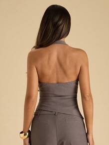SHEIN BAE Stylish Backless Women's Halter Tank Top In Dark Grey Woven Fabric - Dark Grey - View 2