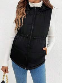 SHEIN 秋装，秋季服装，孕妇秋装，抽绳腰带拉链连帽背心黑色孕妇休闲外套 - 黑色 - 查看 5