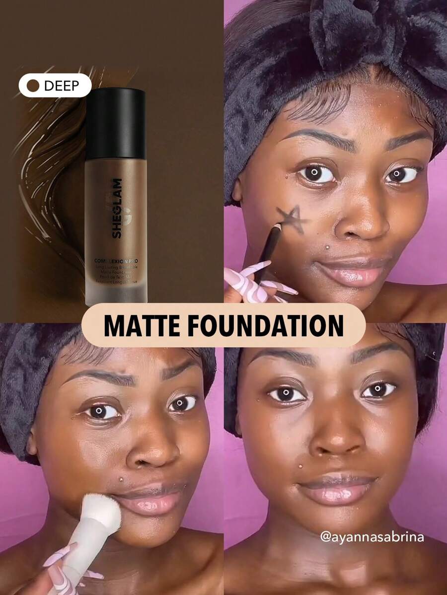 SHEGLAM Complexion Pro Long Lasting Breathable Matte Foundation-Deep Matte Sweat-Proof Foundation Oil Control Full Coverage Pore-Less Concealer Waterproof Flawless Non-Fading Weightless Liquid Foundation Brand Beauty Makeup Face Paint Cosmetic For Women Girls Perfect For Spring Summer Ideal For Y2K Fancy Fashion Suitable For Birthday Mother'S Day Gift Rave Party Ready Best Color - Deep - View 1