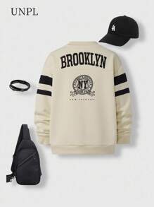 SHEIN Tween Boy Letter Print Long Sleeve Single-Breasted Casual Baseball Jacket Letter Jacket Baseball - Apricot - View 3