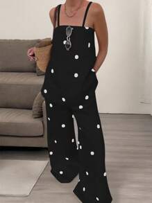 INAWLY 2pcs Women Plus Size Polka Dot Camisole Top And Pants Set, Minimalist & Fashionable - Black - View 1