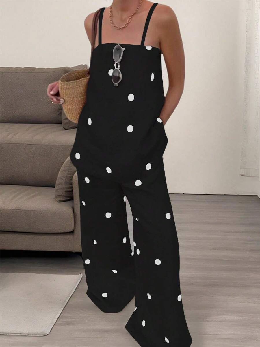 INAWLY 2pcs Women Plus Size Polka Dot Camisole Top And Pants Set, Minimalist & Fashionable - Black - View 1