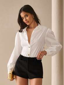 Lilora Áo sơ mi kim loại nút độc đáo, phong cách đô thị, thanh lịch, giản dị, đi chơi, tiệc tùng hàng ngày, phong cách đô thị, dành cho nữ, đi làm thường ngày, giải trí đô thị, lãng mạn và thanh lịch - trắng - Xem 6