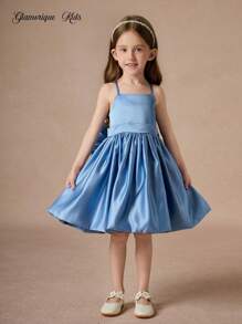 Glamorique Kids 四季少女甜美可爱生日派对礼服，无袖缎面花童婚纱，后背带大蝴蝶结公主裙 - 藍色 - 查看 3