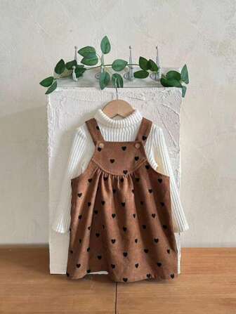 LMoss Kids LMoss Kids 2pcs Baby Girl Knitted Solid Color Polo Neck Casual T-Shirt And Woven Bib Dress Set Brown Baby Dress Baby Heart Dress Toddler Corduroy Dress Mocha Baby Clothes Baby Pinafore Dress Girls Co Ord Set Corduroy Baby Dress Toddler Corduroy Jumper