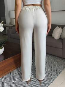 Chiquease Pantalon décontracté taille haute jambe droite couleur unie