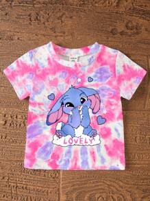 SHEIN 女宝宝可爱兔子卡通印花扎染圆领短袖T恤和针织打底裤可爱两件套，夏季 - 彩色 - 查看 7