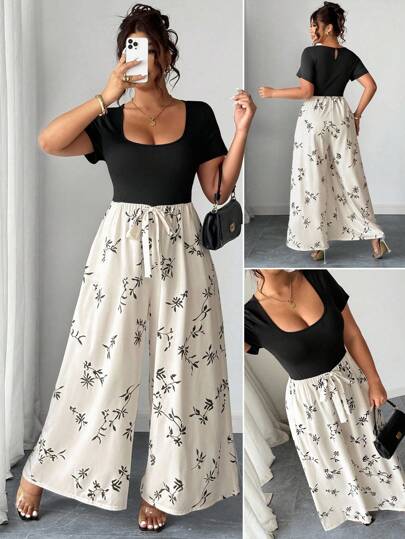 Elenzga Plus Size Knit Patchwork Print Elegant Cinched Waist Jumpsuit With Wide Legs For Commuting