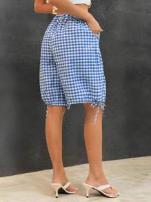 SHEIN SXY 女式蓝白格子抽绳腰百慕大短裤、格子短裤、格纹短裤、女式夏季短裤、蓝色格子短裤、系带短裤、校服、女士度假装、女士沙滩装、返校装、女士外出上衣、飘逸裤、格子 - 淺藍色 - 查看 2
