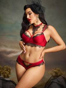 SHEIN 女士性感蕾丝拼布内衣套装，外出穿着 - 酒紅色 - 查看 6