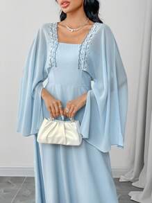 Yasmyna Women's Elegant Light Blue Maxi Dress With Square Neck And Long Bell Sleeves - Blue - View 2