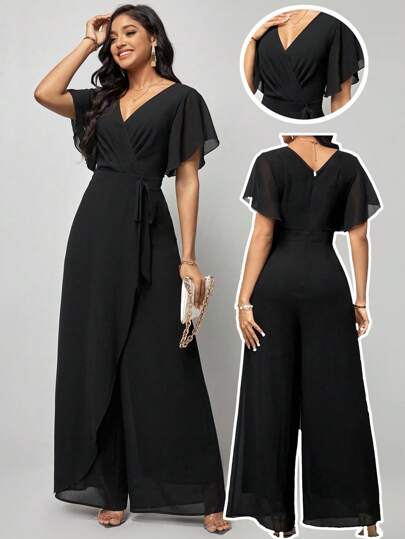 Amorya Butterfly Sleeve Wrap Knot Side Wide Leg Jumpsuit Fall/Winter Women Clothes Back To School Modest Vintage Old Money Teacher Outfits For Women Airport