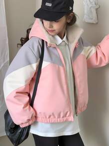 Tween 女童长袖拉链连帽羊毛拼布夹克