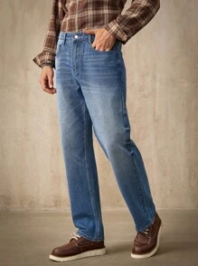 Manfinity Homme 男士中蓝色宽松直筒牛仔裤 - 中等水洗藍 - 查看 9