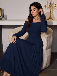 Modelyn 女式长款露肩浪漫优雅褶饰修身喇叭下摆时尚连衣裙，春夏 - 藏蓝色 - 查看 6