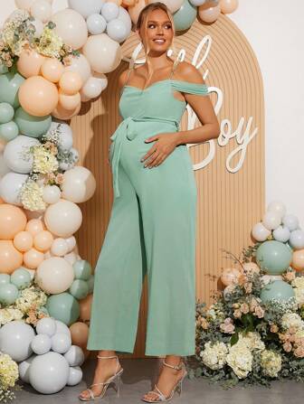 Loomaby Umstandsmode Jumpsuit Einfarbig mit kalt-schultriger Passform, Gürtel und weitem Bein