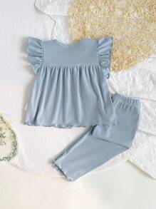 Girls 2-Piece Set, Back To School Sleepwear, Princess Style With Bow, Ribbed Pattern Loose Fitting Cap Sleeve Top And Long Pants, Suitable For Spring/Summer/Autumn, Lightweight - Blue - View 2