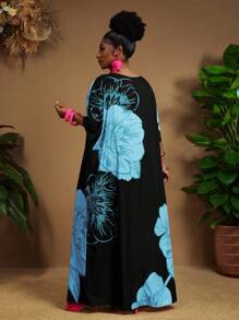 SHEIN CURVE+ 大码女装春夏休闲优雅波西米亚风黑色编织V领直筒连衣裙卡夫坦连衣裙大码连衣裙复活节连衣裙女士春季套装，曲线加大码，波西米亚度假夏季/乡村/海滩度假装/沙滩装/沙滩装，女士夏季连衣裙，休闲连衣裙 - 彩色 - 查看 2