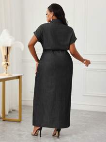 SHEIN Lady Plus Size Casual Solid Color Front Button Long Denim Dress  Casual Long Dress,Back To School Dress With Slit - Black - View 2