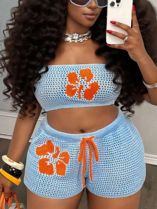 Slaydiva 2025 Summer New Arrival Beach & Sexy Vacation 2-Piece Set - Navy & Orange Contrast Color Fitted Cropped Halter Top & Ultra Short Crocheted Shorts For Plus Size Women