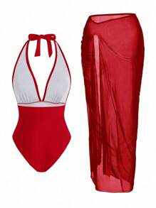 Swim Oasis Bộ đồ bơi một mảnh trang trí hình sao biển lãng mạn thanh lịch cao cấp - Đỏ - Xem 2
