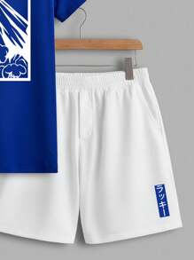 Manfinity Homme Japanese Painting Style Mount & Wave Print Men's Navy Blue Short Sleeve T-Shirt And White Shorts Set, Casual - Blue and White - View 3