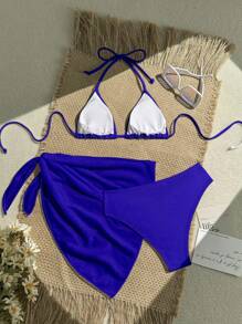 Swim Vcay 3pcs/Set Casual Solid Color Halter Tie Bikini Top, Triangle Bottoms And Mini Skirt For Summer Beach Vacation - Royal Blue - View 2