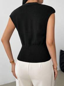 Modelyn Chaleco de punto versátil y casual con cuello en V y botones metálicos, de hombros caídos, para primavera/otoño - Negro - Ver 2