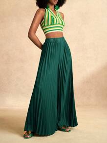 Zivah 优雅弹力腰深绿色百褶大脚加长阔腿裤女百褶裤高腰裤绿裤子女喇叭裤 - 墨綠色 - 查看 7