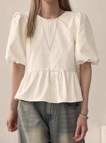 DAZY Women's Casual Solid Color Puff Sleeve Round Neck Tie Back Blouse, Summer